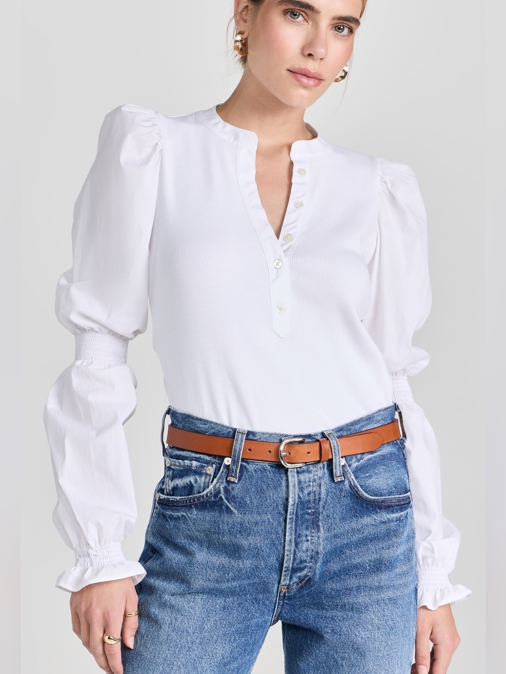 Veronica Beard Effy Puff Sleeve Top White Ribbed Blouse Size M